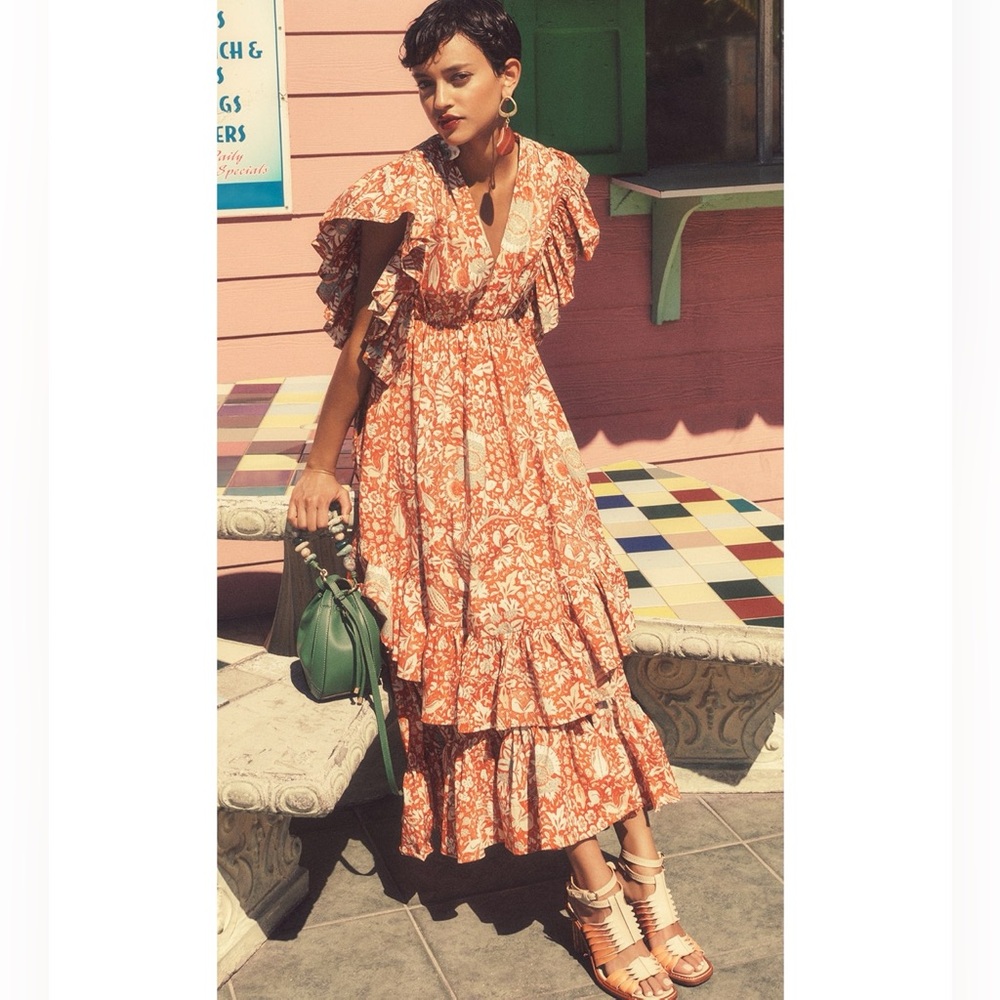ULLA JOHNSON Delila Midi Ruffle Floral Dress Orange Blossom Sz 4 - Picture 15 of 15